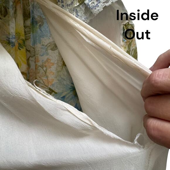 Vintage 1960s Delicate Floral Housecoat Yellow Robe White Lace Trim Ribbon Tie - Picture 15 of 16